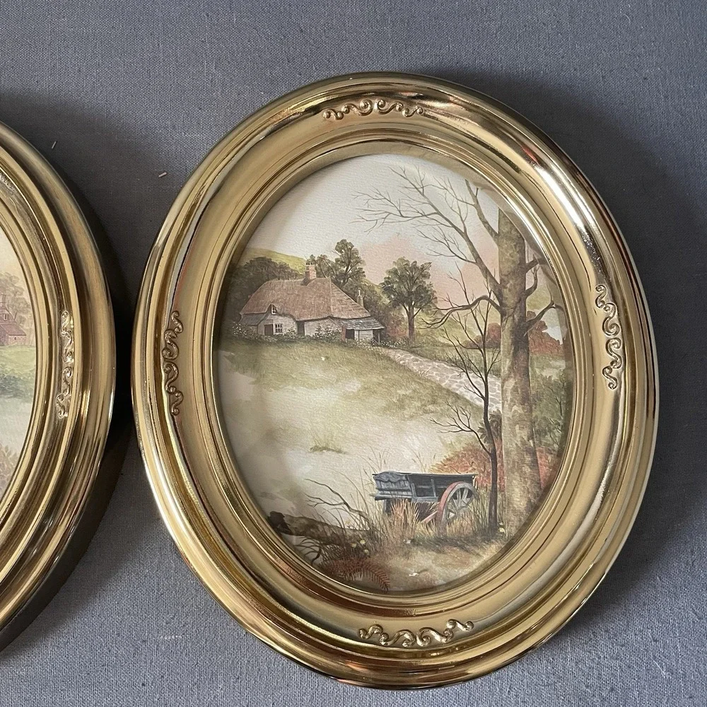 Vintage HomCo F. Massa Countryside Prints Set of 2, 1983 Oval Gold Framed Art